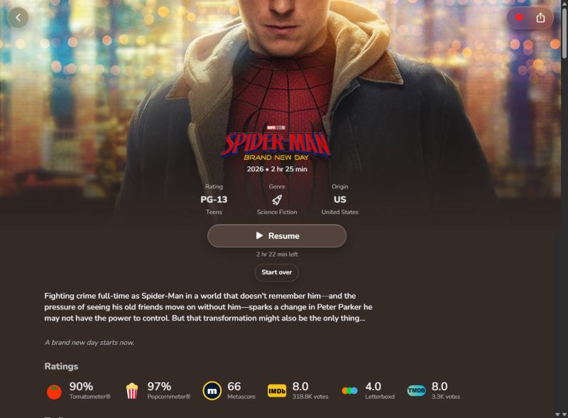 Recline in a desktop browser: a movie's page with its artwork and logo, rating and genre, a Resume button, the plot, and scores from several ratings sites.